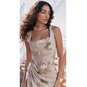 NEW HOUSE OF CB Una Vintage Floral Cowl Neck Lace-Up Corset Top Size XS